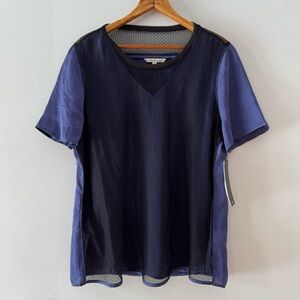 NWT Calvin Klein Women's Short Sleeve Mesh Overlay Deep Cobalt V Neck Shirt, med